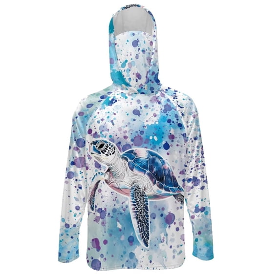 Bulopur Sea Turtle PrintMen’s Quick Dry Hooded Fishing Rash Guard, UPF 50+ Sun Protection Shirt with Breathable Face Mask