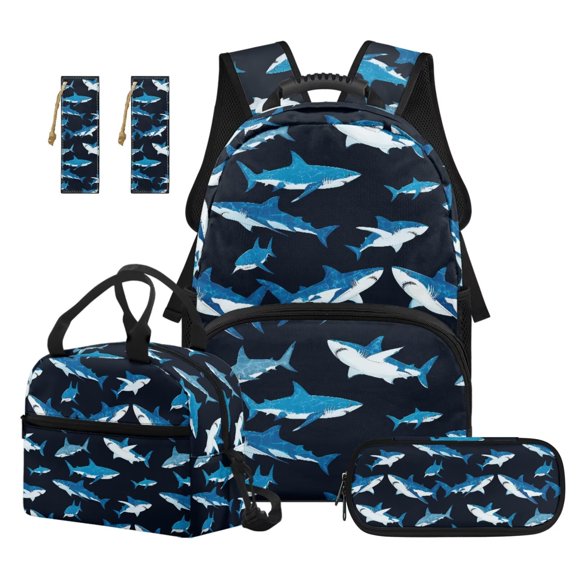 Bulopur Shark 17 Inch Backpack Set for Kids 9-12 Years Old, Cartoon Backpack with Lunch Box 5 Pcs Set Breathable School Bag with Pencil Case & 2 Bookmarks for Middle School
