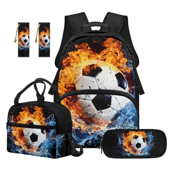 Bulopur Soccer Backpack Set of 5 Sports Print 17 Inch Lightweight Backpack with Lunch Bag Pencil Pouch for 9-12 Years Old Kids Elementary to Middle School