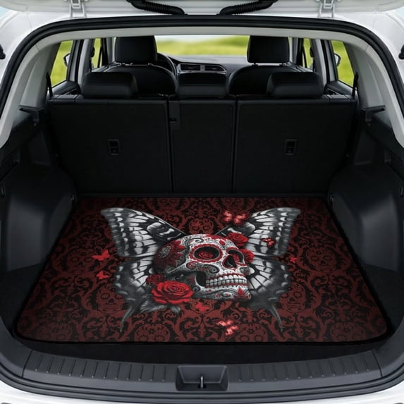 Bulopur Sugar Skull Car Trunk Mat 29" x 39", Gothic Damask Rose Skull Print, All Weather Cargo Liner, Non-Slip Waterproof Washable Rear Trunk Mat for Car Sedan SUV