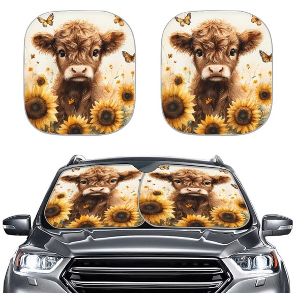 Bulopur Sunflower Butterfly Highland Cow Car Windshield Sunshade Prevent UV Sun Protector for Car Windshield Easy to Store Window Sun Blocker Summer Car Essentials Sun Cover for Cars