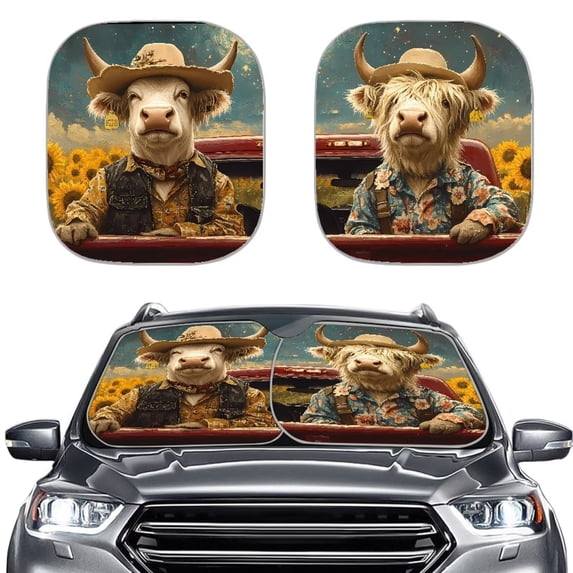 Bulopur Sunflower Highland Cow Windshield Sun Shade UV Reflector Car Sun Shade Windshield Foldable Easy to Use Automotive Interior Sun Protection Vehicle Summer Essential Protector for Cars
