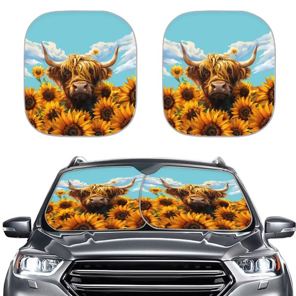 Bulopur Sunflower Highland Cow Windshield Sun Shade UV Reflector Front Windshield Sun Shade Reinforcement Auto Front Window Sunshade Covers for Most Vans SUVs Trucks, 2 Pcs