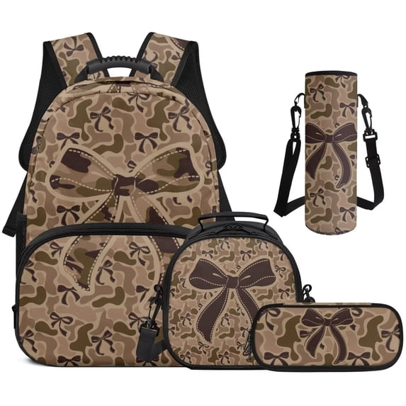 Bulopur Tan Camo Brown Bow Kids Backpack Set 4 Pcs All Weather Hunting Kids Bookbag with Lunch Bag, Pencil Case and Water Bottle Cover for Wildlife Hunting Elementary Girls Grade 2-6