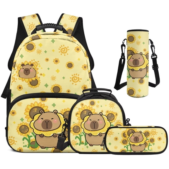 Bulopur Toddler Girls 17 Inch Backpack Set of 4, Yellow Sunflower Capybara Print School Bookbag with Full Accessories: Lunch Box, Water Bottle Holder, Pencil Case for Preschool Daily Use