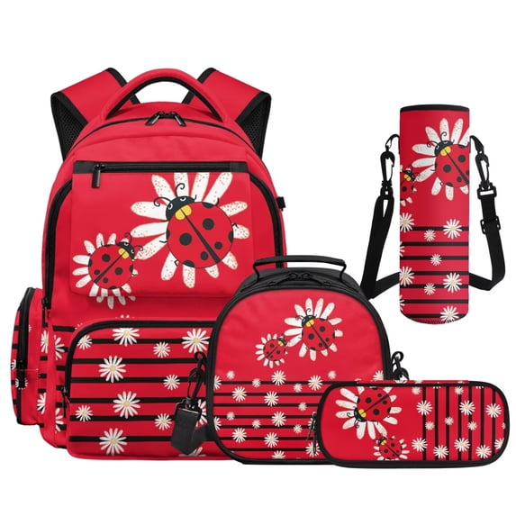 Bulopur Toddler Girls Cute 17 Inch Backpack Set, 4 PCS Red Daisy Ladybug Print School Bookbag with Full Accessories with Pencil Case for Garden Theme Preschool Learning Activities