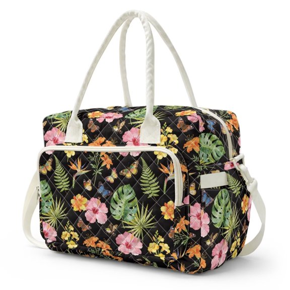 Bulopur Tropical Floral Quilted Large Lunch Bag for Women Insulated Lunch Bags with Shoulder Strap Waterproof Tote Bags for Work Travel Gift for Him