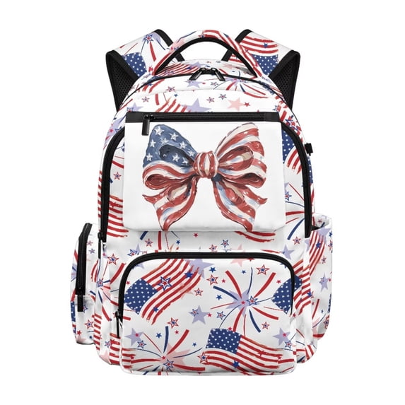 Bulopur USA Flag Firework Kids Backpack for Girls, Bow Print School Bag Lightweight/Breathable/Durable/Waterproof Multi-Pocket Book Bag for Kids 6-12 Back to School