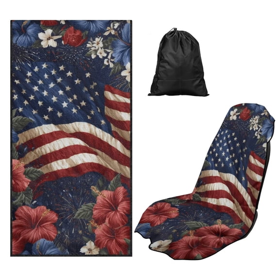 Bulopur Vintage Car Seat Towel for Women American Flag Breathable Front Seat Sweat Protector with Storage Bag for Travel Multifunction Athletic Towel Fit SUV Sedan Truck