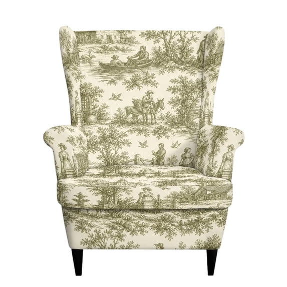 Bulopur Vintage Toile Wing Chair Cover Elastic Wingback Chair Slipcover French Country Farmhouse Scene Print Furniture Protector for Vintage Living Room