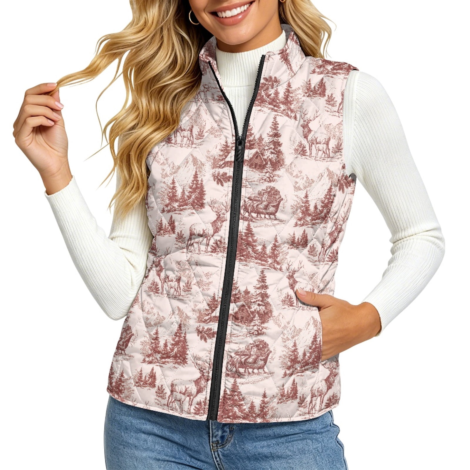 Bulopur Vintage Winter Wildlife Print Quilted Puffer Vest for Women ...