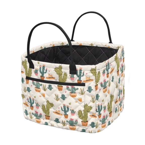 Bulopur White Cactus Print Quilted Laundry Basket Foldable Storage Basket with Handles Desert Laundry Baskets for Home Decorative Organization for Bedroom Bathroom