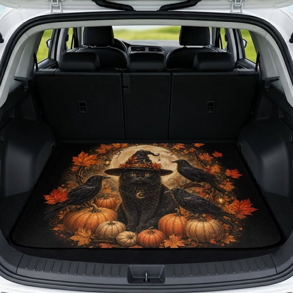 Bulopur Witch Cat Crow Car Trunk Mat 29" x 39", Dark Moon Pumpkin Fall Illustration Cargo Liner, Waterproof Non-Slip Rear Cargo Mat for Spooky Season
