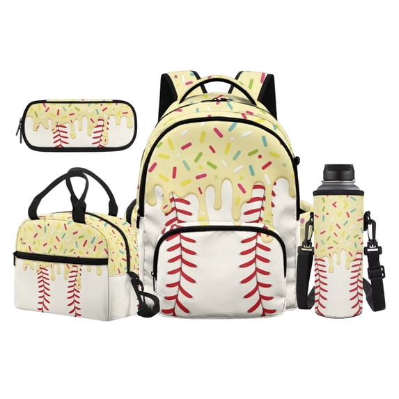 Bulopur Yellow Baseball Print Kids Backpack Set 4 Pcs Durable Waterproof Kids School Bag with Lunch Box, Pencil Case and Water Bottle Cover for Sport Theme Kids