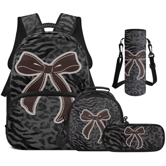Bulopur Zebra Print Brown Bow Kids Backpack Set 4 Pcs Cool Fashion Girls School Bag with Lunch Bag, Pencil Case and Water Bottle Cover for 6-12 Years Old Elementary Girls