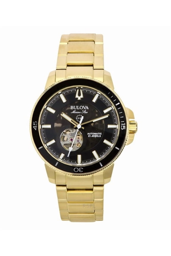 Marine Star Gold Tone Stainless Steel Black Dial Automatic Diver's 97A174 200M Men's Watch