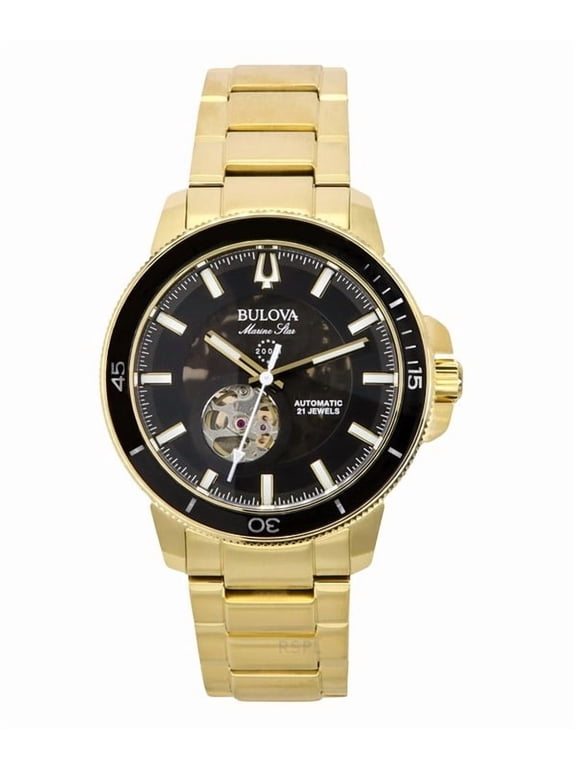 Marine Star Gold Tone Stainless Steel Black Dial Automatic Diver's 97A174 200M Men's Watch