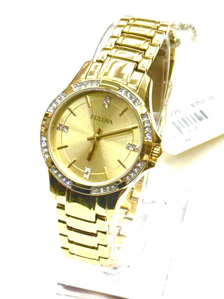 Bulova Womens Pave Crystals Dress Watch Gold Stainless Steel Band Glitz