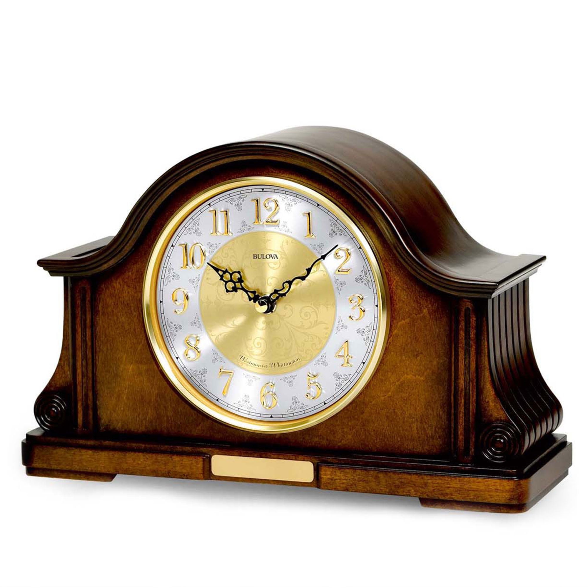 Walnut Finish Solid Wood Mantel Clock with Brass Accents