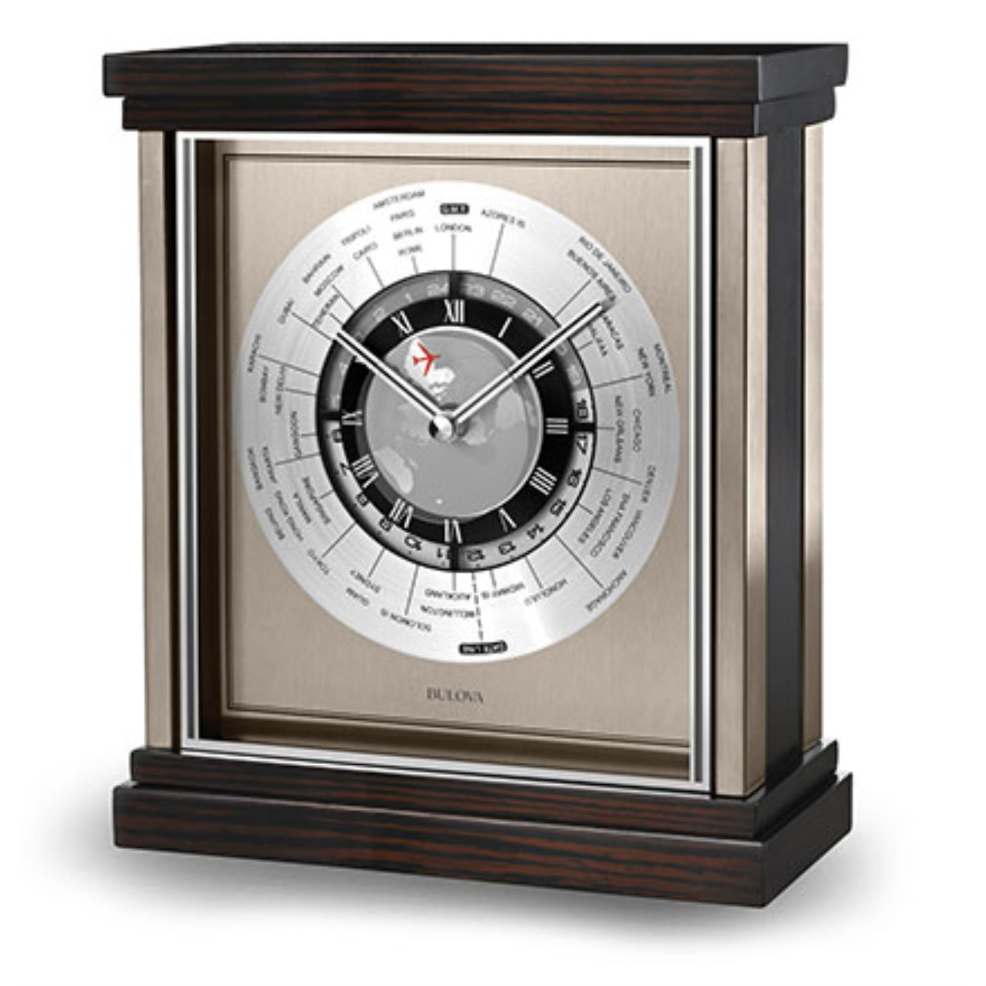 Mahogany Stained Wood Veneer World Time Tabletop Clock