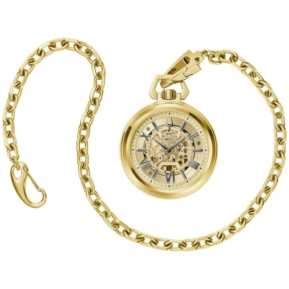 Bulova Classic Sutton Automatic Pocket Watch 3-Hand Date Stainless Steel, Full Skeleton, Gold Dial with Stainless Chain Style: 97A178