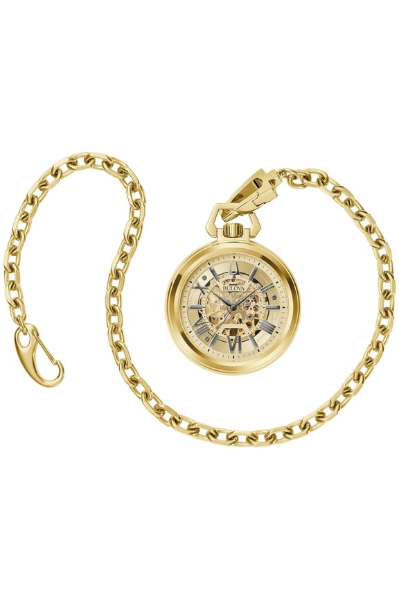 Bulova Classic Sutton Automatic Pocket Watch 3-Hand Date Stainless Steel, Full Skeleton, Gold Dial with Stainless Chain Style: 97A178