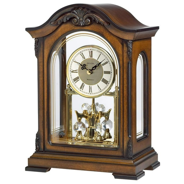 Bulova B1845 Durant Wooden Free Standing Mantel Clock with Revolving Pendulum, Brown