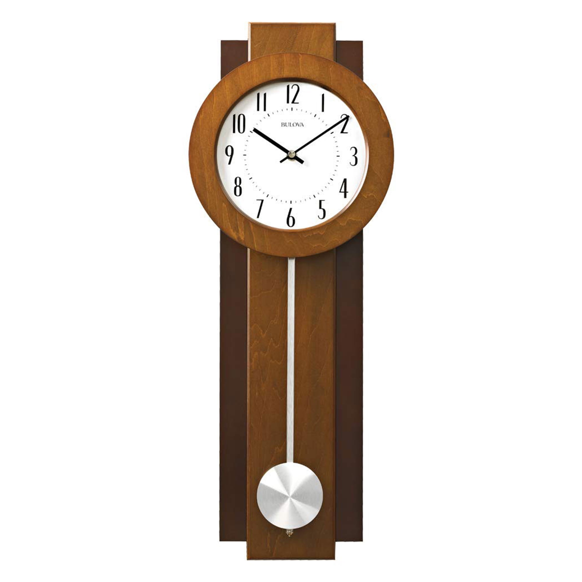 Walnut and Mahogany Pendulum Wall Clock with Aluminum Accents