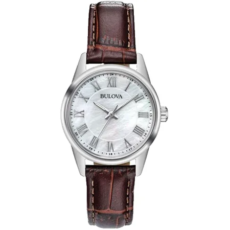 Bulova Crystal 96L271 Silver Dial Brown Leather Strap 32MM Womens Watch