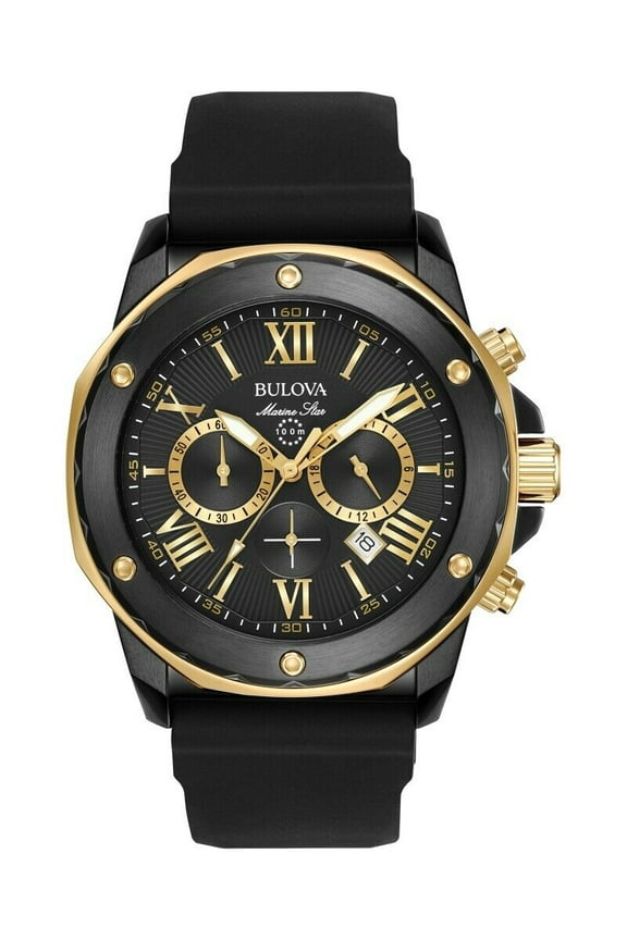 Marine Star 98B278 Black IP Gold Tone Steel Rubber Quartz Men's Watch
