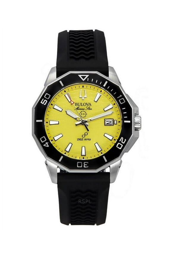 Marine Star Black Silicone Strap Yellow Dial Precisionist Quartz Diver's 200M 96B431 Men's Watch