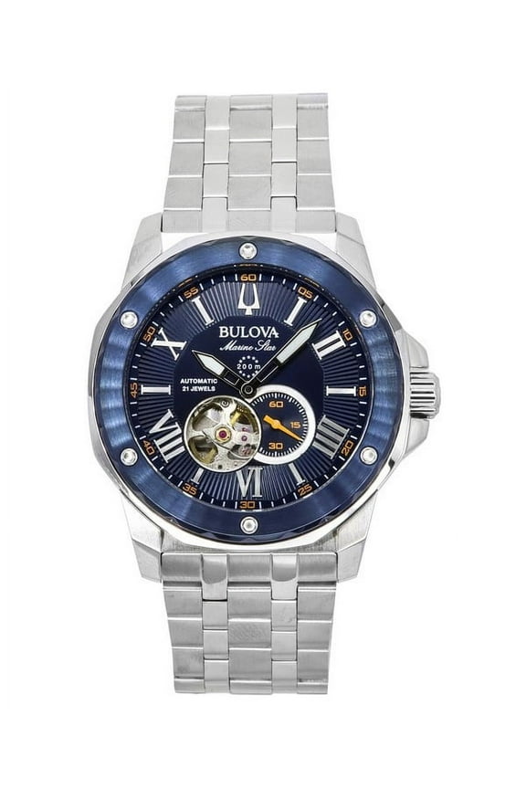 Marine Star Stainless Steel Open Heart Blue Dial Automatic 21 Jewels 98A302 200M Men's Watch