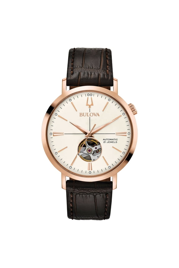 Men's Classic Automatic White Dial Brown Leather Strap Watch 97A136