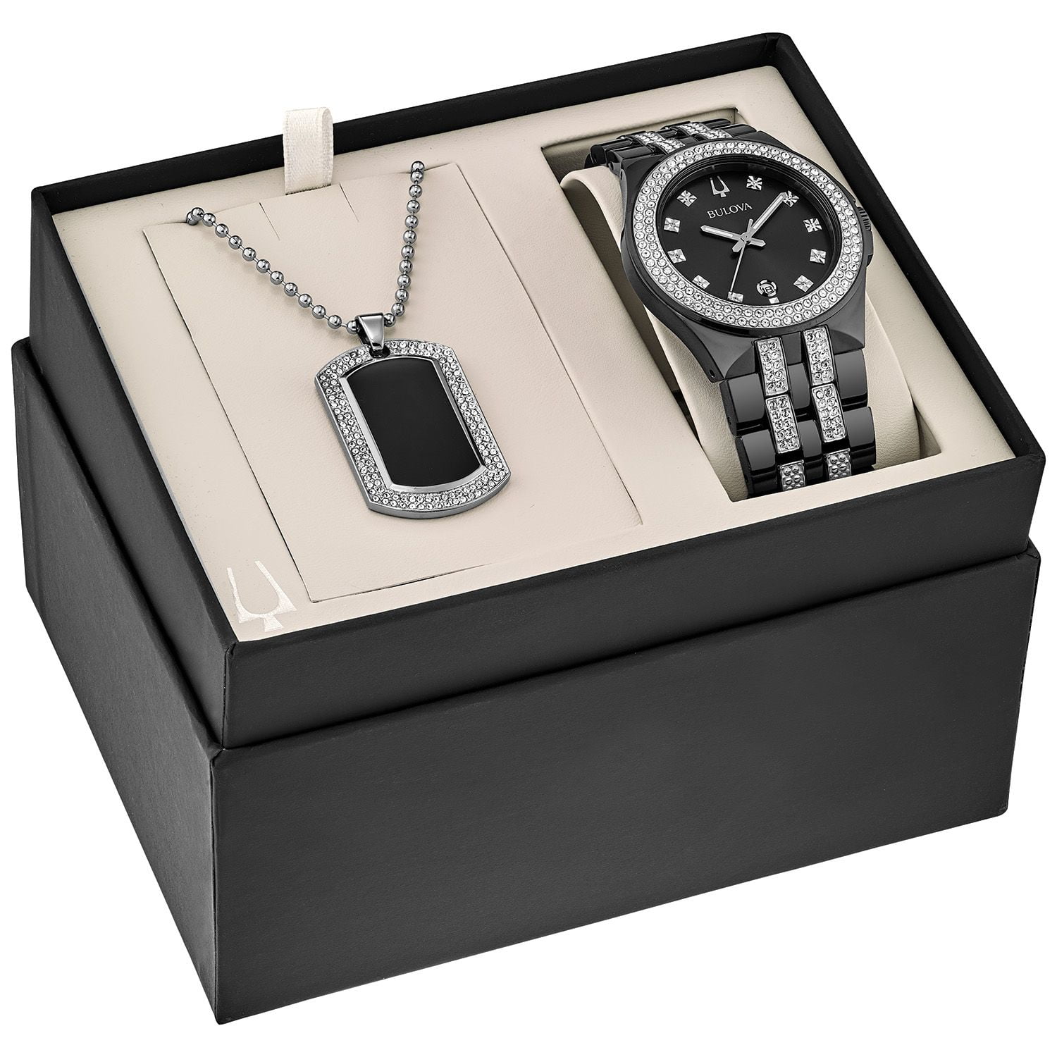 Bulova Men's Crystal Watch & Dog Tag Necklace Set