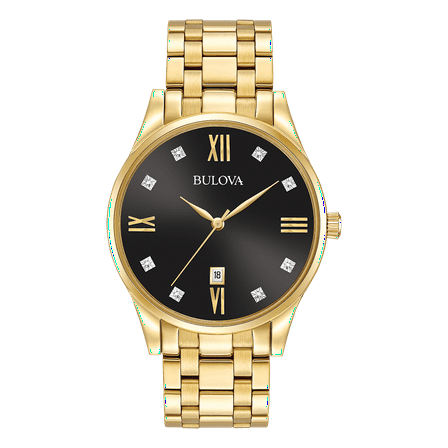 Bulova Men's Diamonds Black Dial Yellow Gold Plated Steel Bracelet Watch 97D108