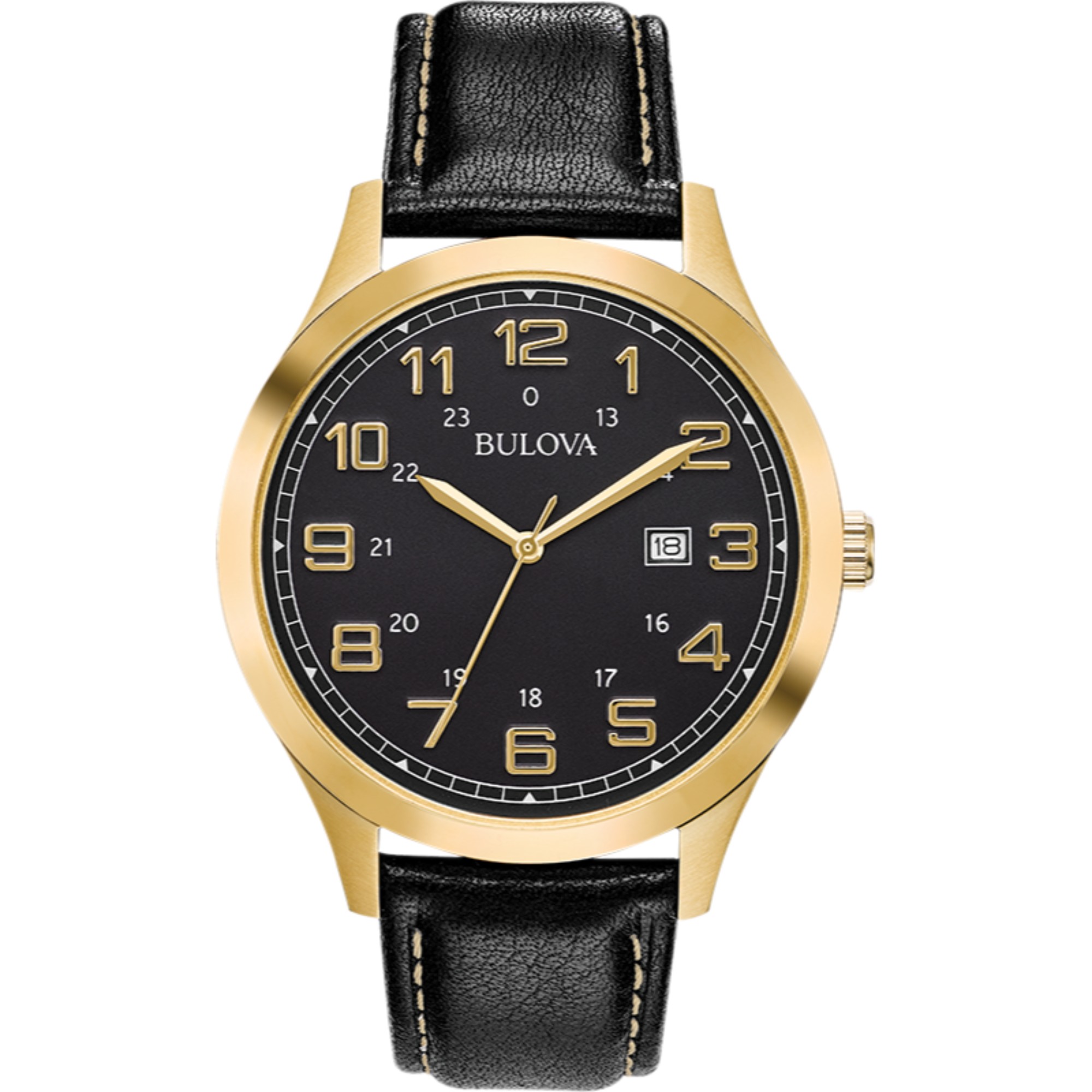 Bulova Men's Gold-Tone Case Black Leather Strap Watch