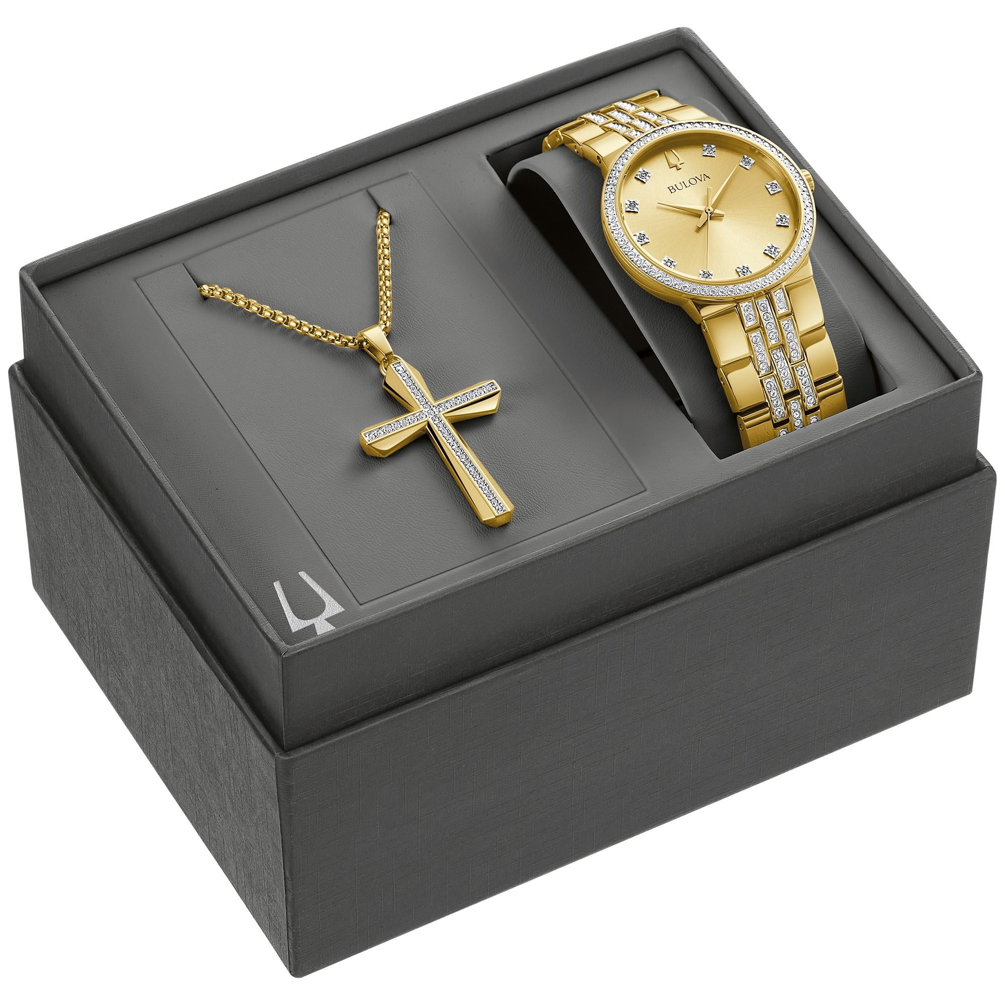 Bulova Men's Gold-Tone Crystal Watch and Cross Pendant Set