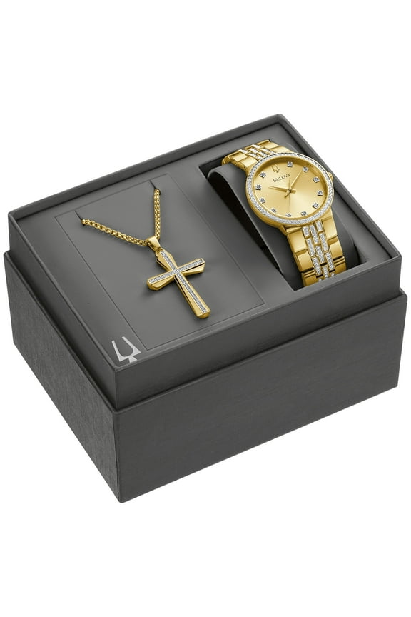 Men's Gold-Tone Crystal Watch and Cross Pendant Set - 98K113