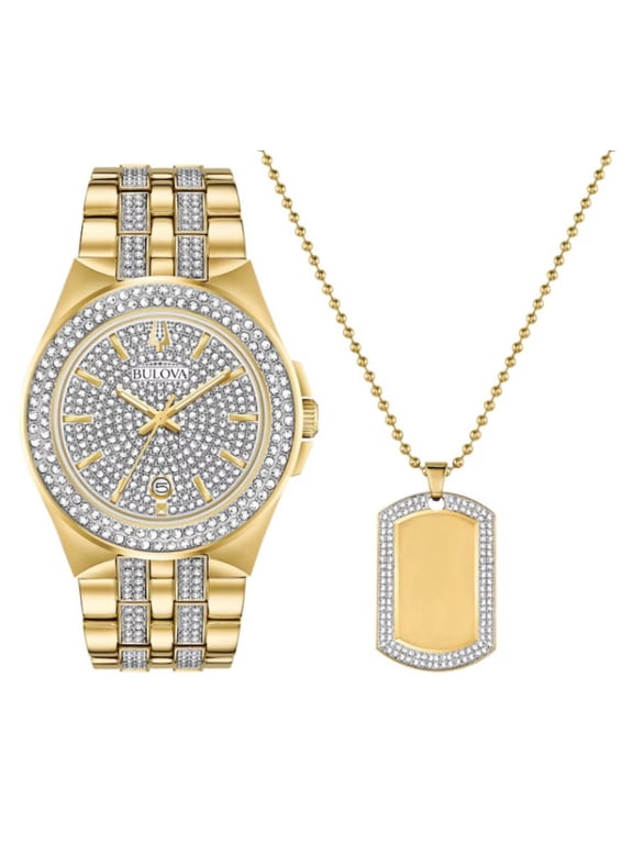 Men's Gold-Tone Crystal Quartz Watch and Necklace Set 98K102