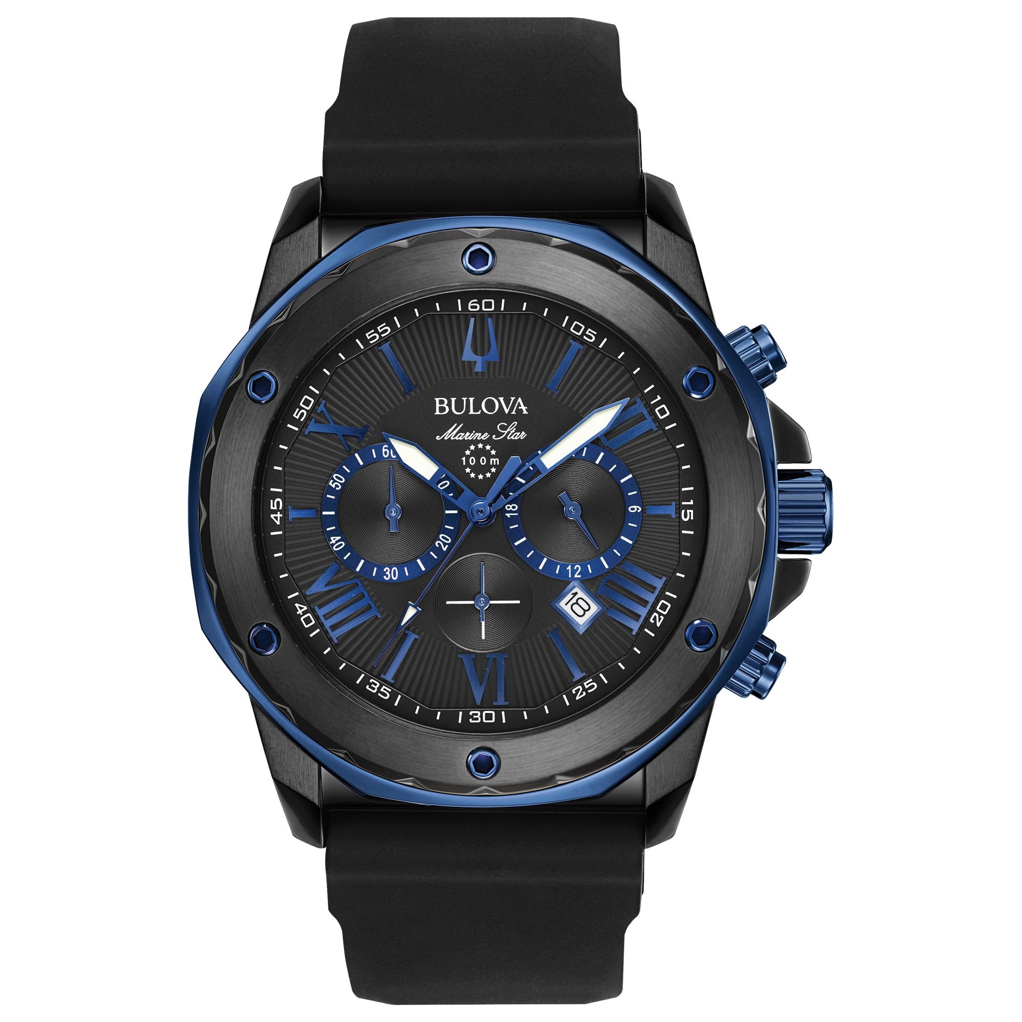 Bulova Men's Marine Star Series A Two-Tone Gold Ion-Plated Stainless S 6 Hand Chronograph Quartz Watch Black Silicone Strap 44mm Style 98b277