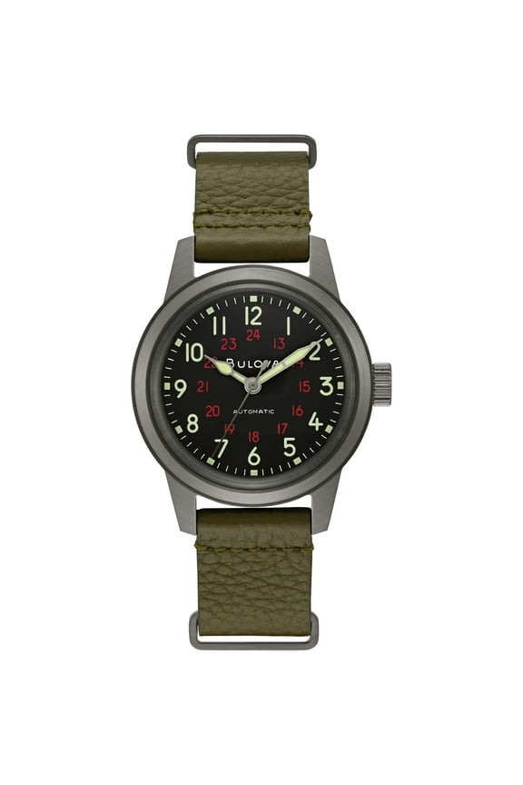 Men's Military Hack Automatic Green Leather Strap Watch 98A255