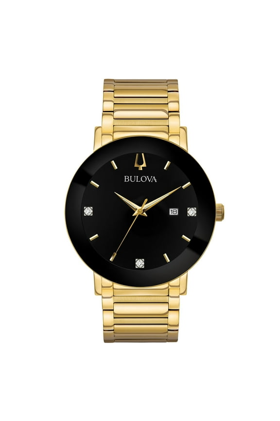 Men's Modern Black Dial Yellow Gold Steel Bracelet Diamond Watch 97D116