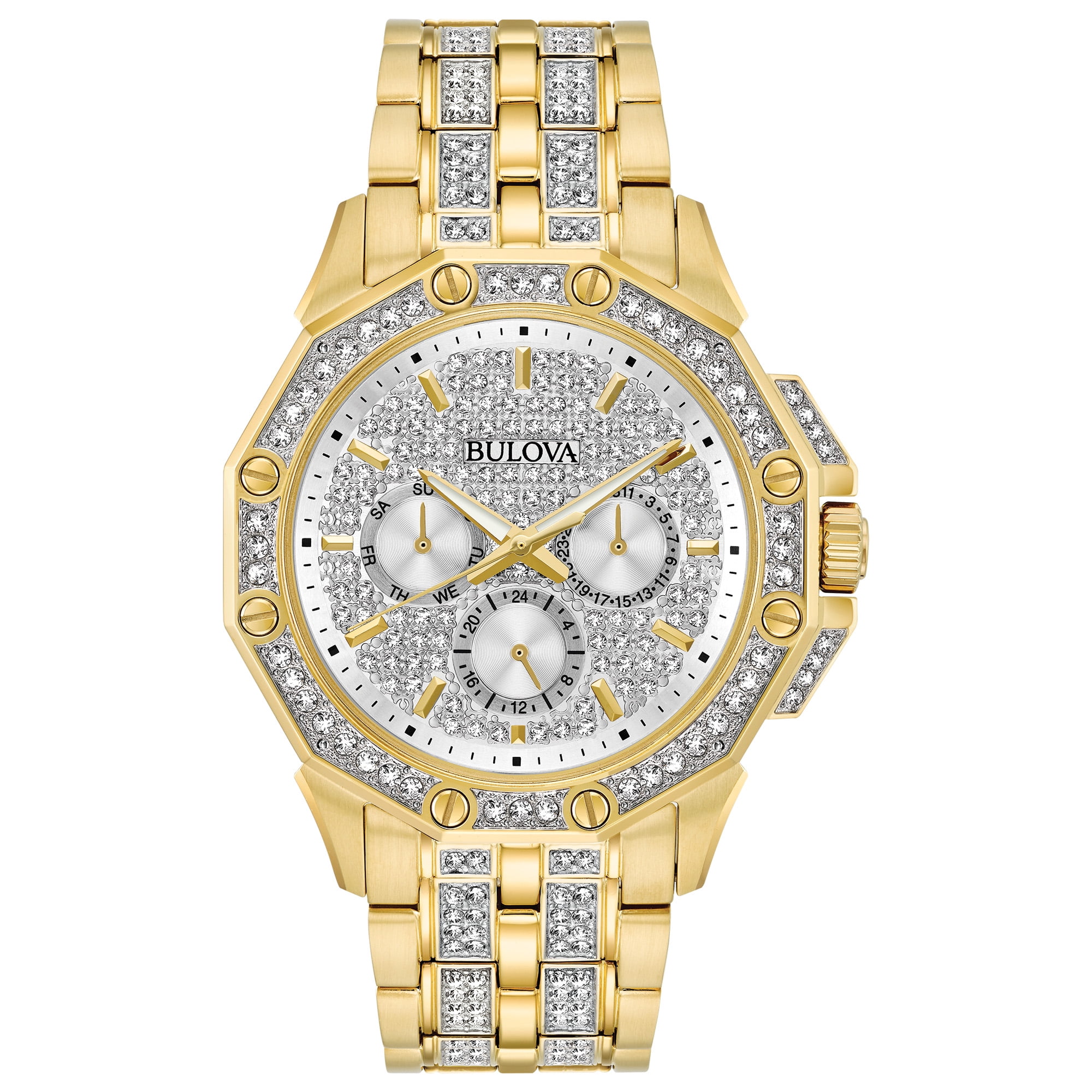 Bulova Mens Gold-Tone Crystal Watch with Multi-Function Dial 98C126