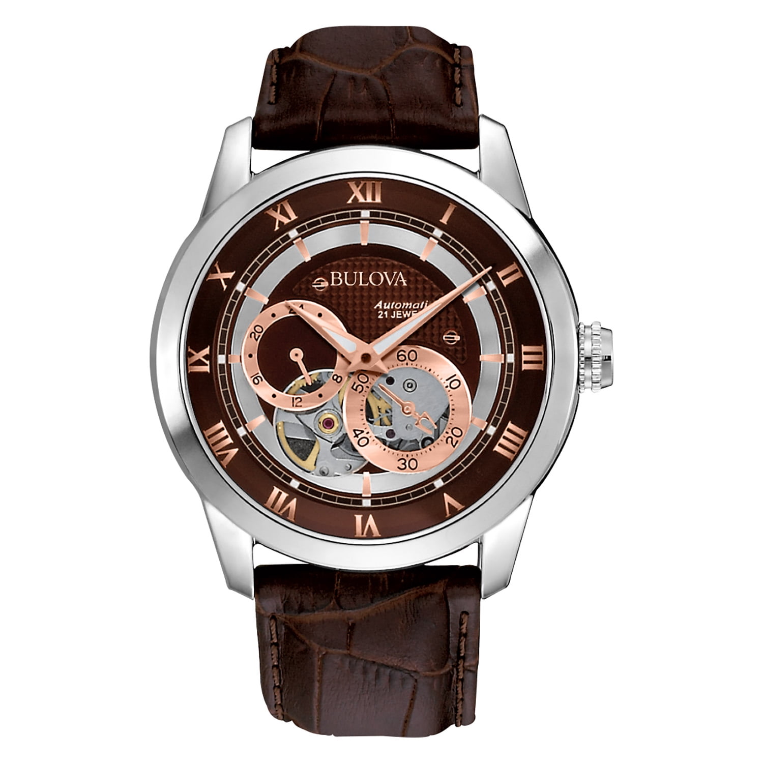 Bulova Men s Leather Strap Automatic Skeleton Watch Walmart