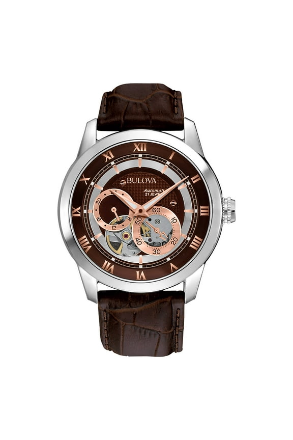 Men's Stainless Steel Automatic Watch with Leather Strap 96A120