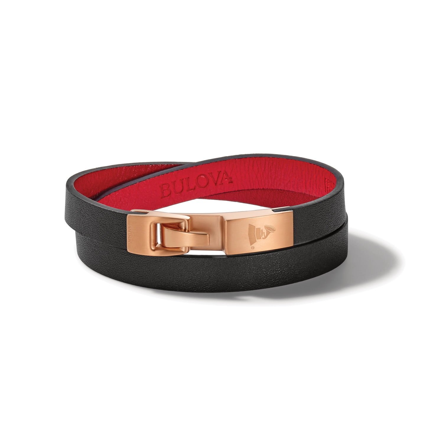 Bulova Black Leather Double-Wrap Bracelet – Smooth Leather With Stainless Steel Hook Clasp & Tuning Fork Logo