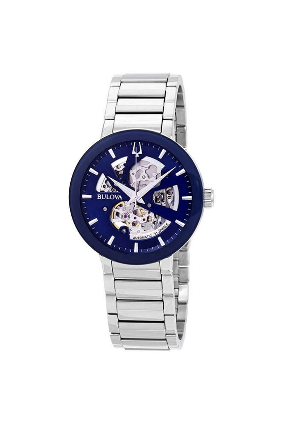 Mens Silver Tone Blue Dial Automatic Bracelet Watch 96A204