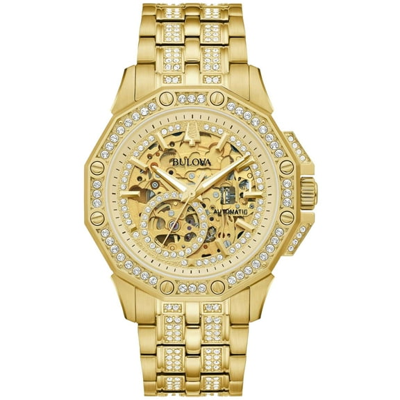 Bulova Octava Automatic Crystal Gold Skeleton Dial Men's Watch 98A292