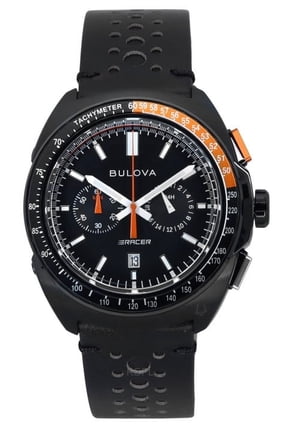 Racer Chronograph Leather Strap Black Dial Quartz 98B428 100M Men's Watch