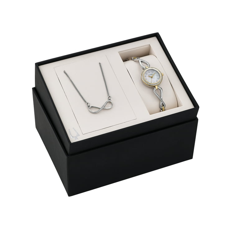 Bulova Women s Boxed Gift Set With Necklace Stainless Steel Case and Bracelet Pearl Dial Silver Watch 98X109